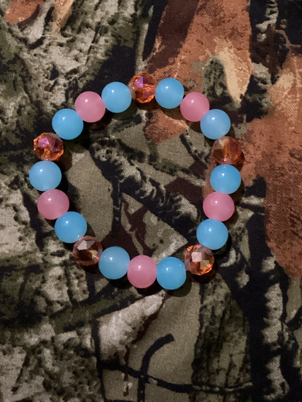 Hand made Pastel Pink & Blue Beaded Stretch Bracelet with Orange Faceted Accents